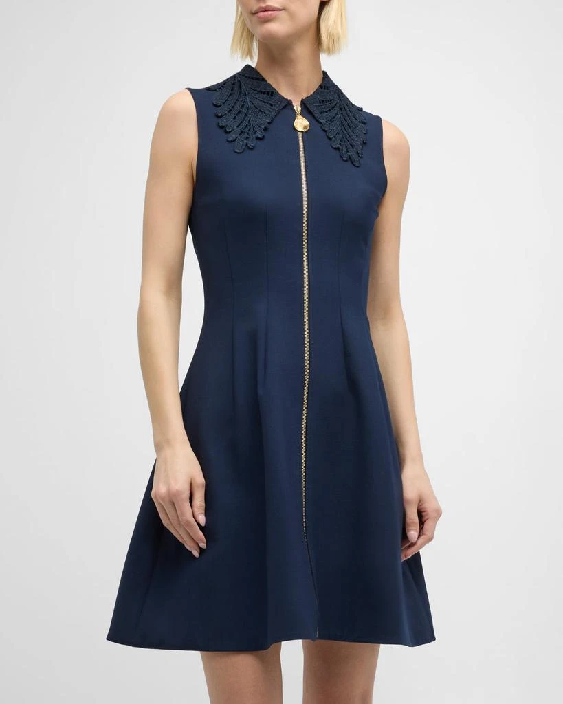 Oscar de la Renta Embroidered Fern-Collar Sleeveless Zip-Front Mini Dress 3