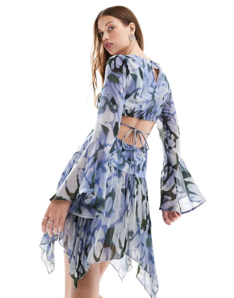 ASOS ASOS DESIGN pleated hanky hem mini dress in blue green abstract print 1