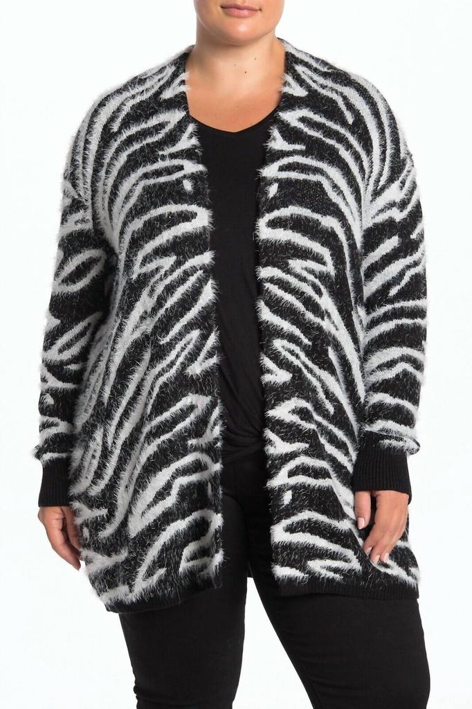 SUSINA Women's Zebra Print Open Front Eyelash Cardigan In Black-Ivory