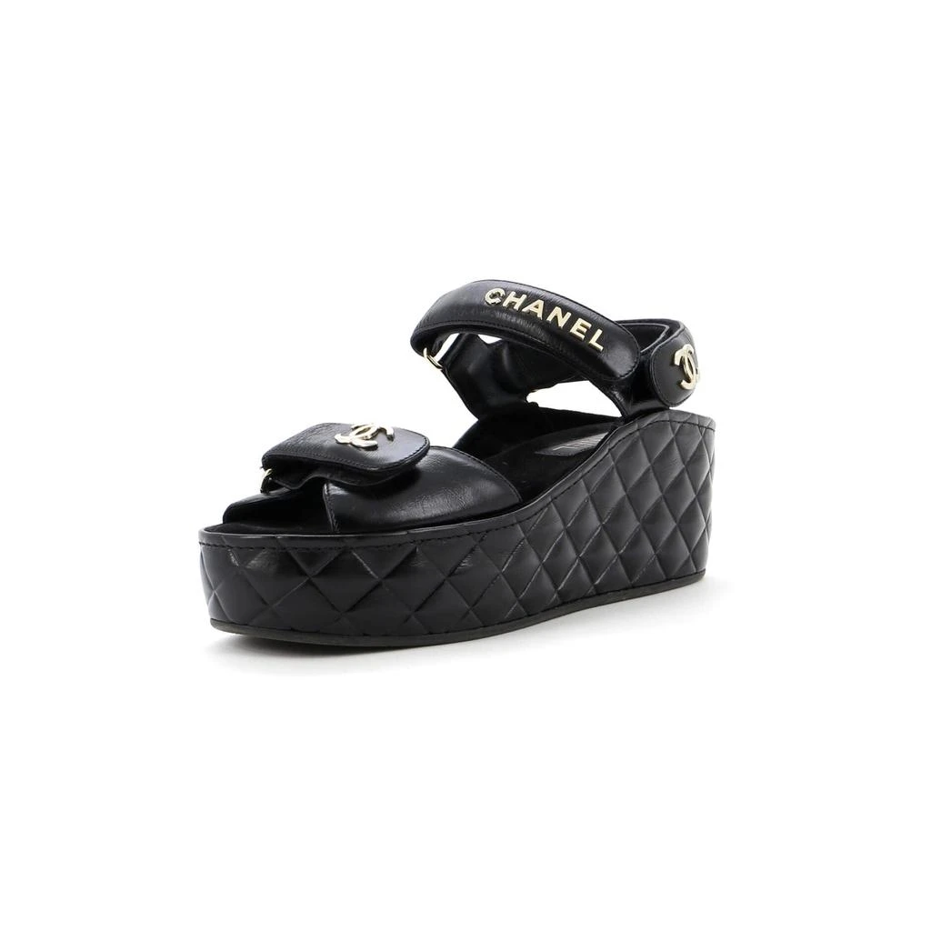 Chanel Women's Logo Velcro Strap Wedge Sandals Quilted Leather 1