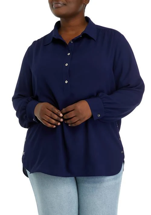 JONES NEW YORK New York Plus Size Long Sleeve Shirttail Side Button Popover Tunic Top 1