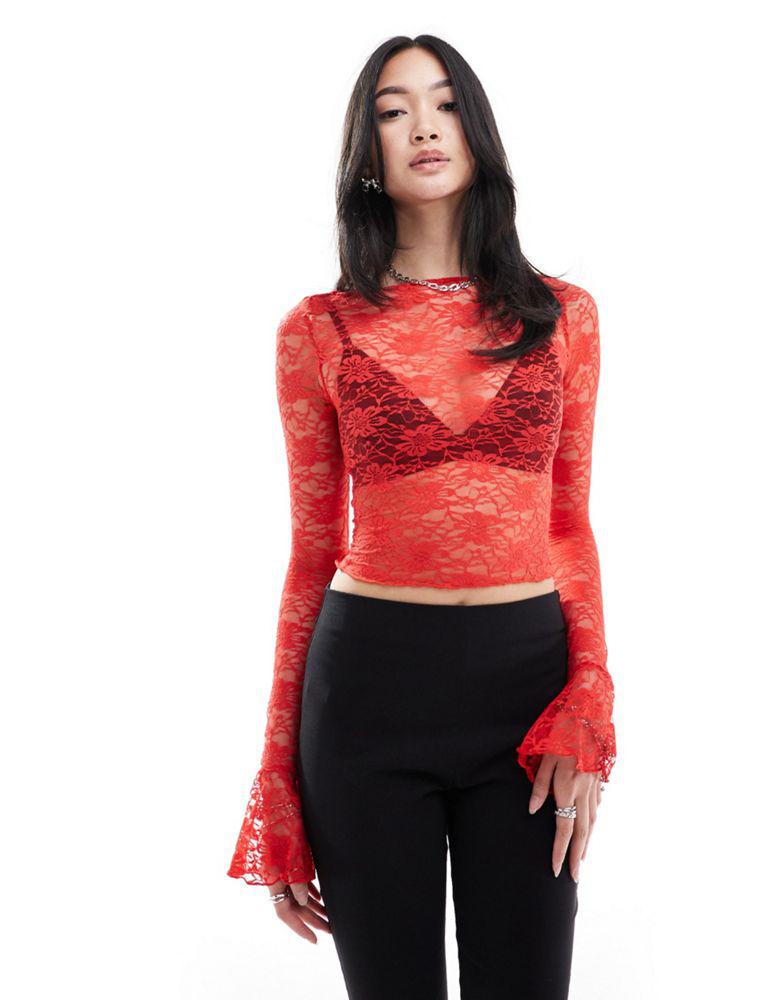 Daisy Street Daisy Street boat neck long sleeve lace top with tie sleeves in red lace