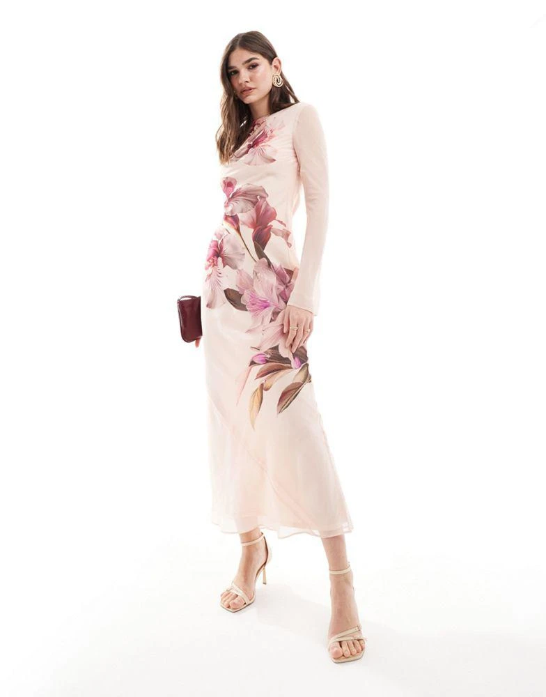 ASOS ASOS DESIGN long sleeve cream maxi dress with pink floral print 4