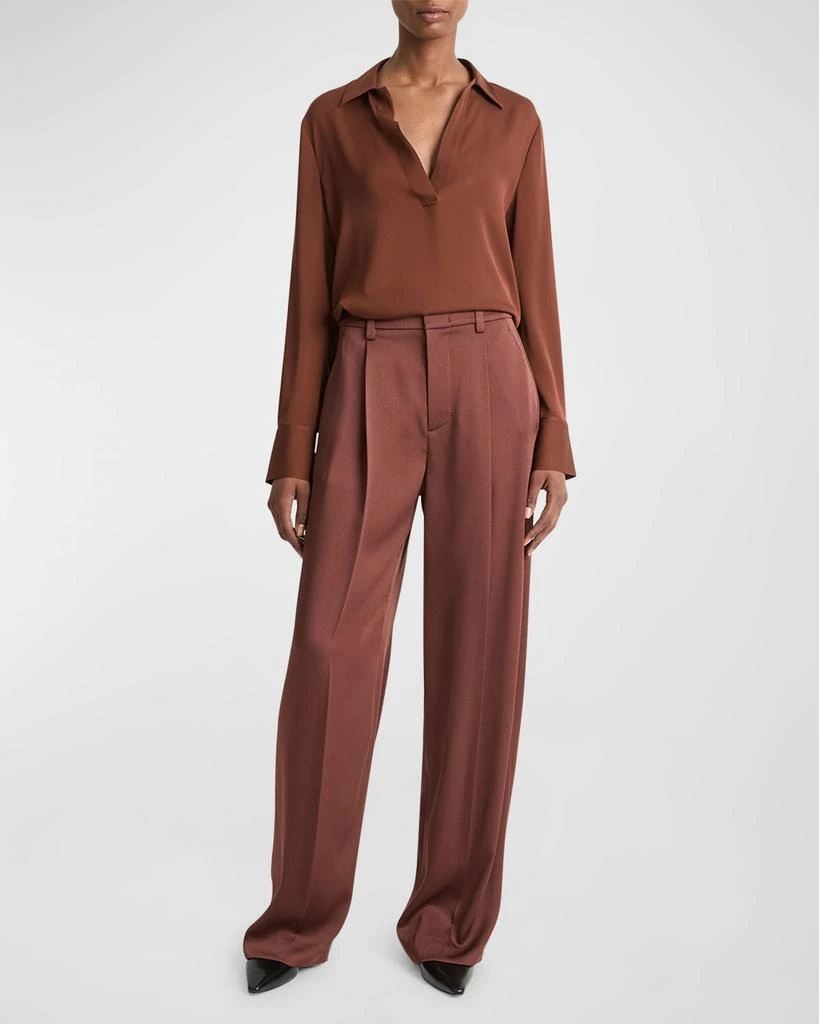 Vince Long-Sleeve Silk Pullover Polo Top 2