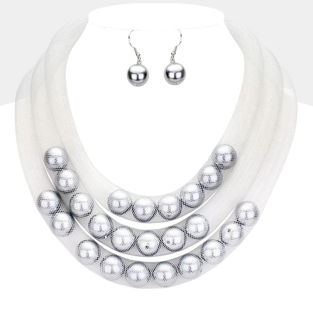 FASHNZFAB Triple Mesh Tube Pearl Collar Necklace