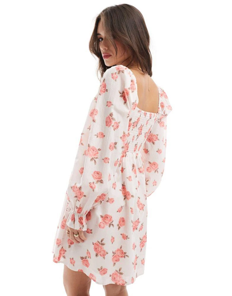 Y.A.S. Y.A.S puff sleeve floral print mini dress in pink rose print 4