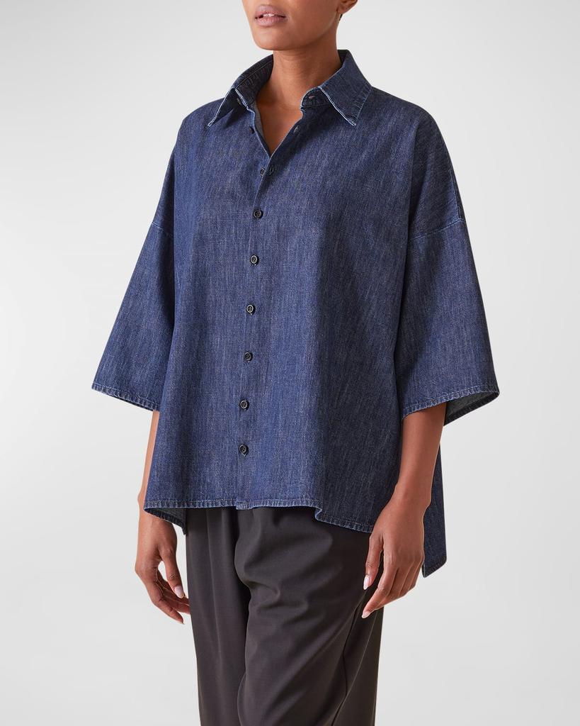 Eskandar Sloped Shoulder Wide A-Line Denim Shirt
