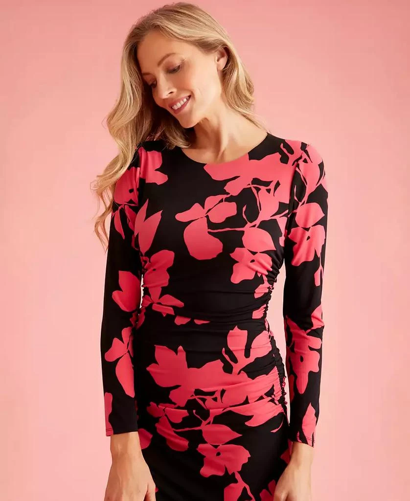 London Times Petite Floral Side-Ruched Long-Sleeve Midi Dress 8