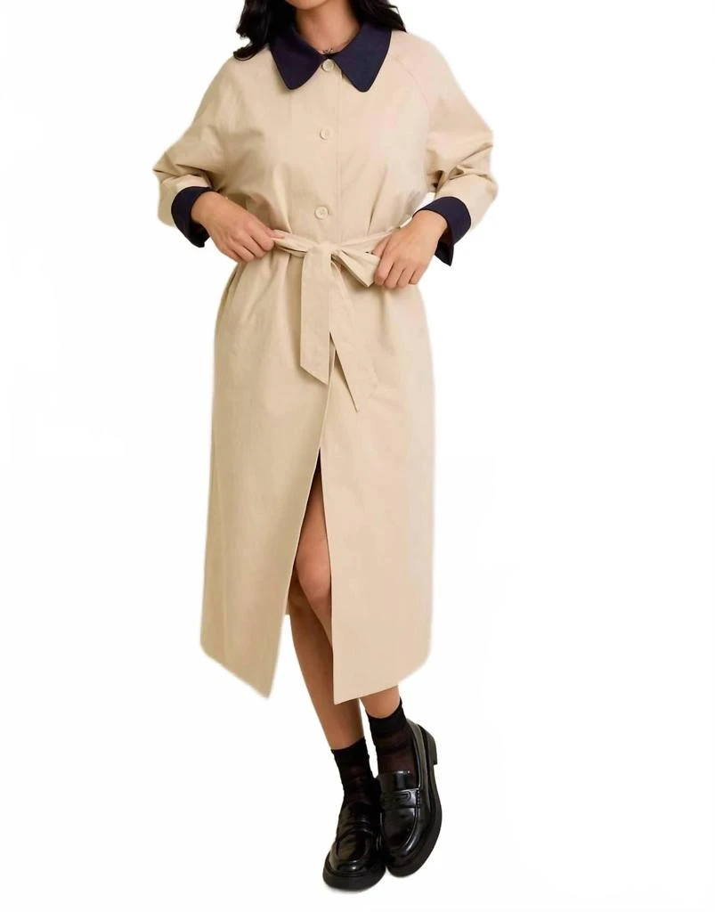 LE LIS Raglan Sleeve Contrast Collar Oversized Trench Coat In Beige Navy