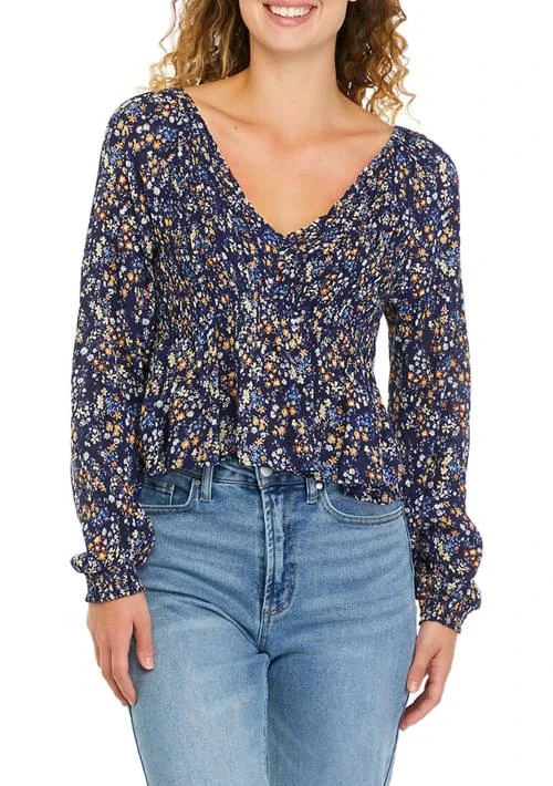 TRUE CRAFT Blouson Sleeve Geometric Print Peplum Top 1