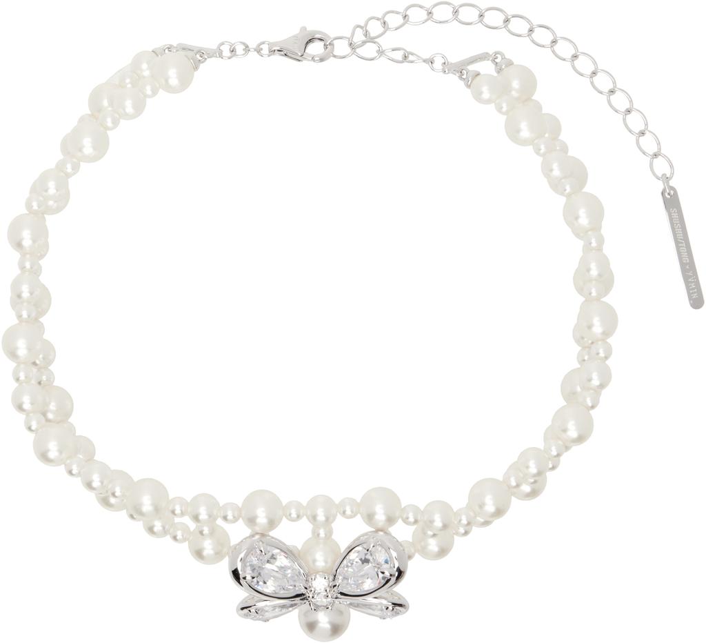 White YVMIN Edition Double Arrow Pave Pearl Layers Necklace