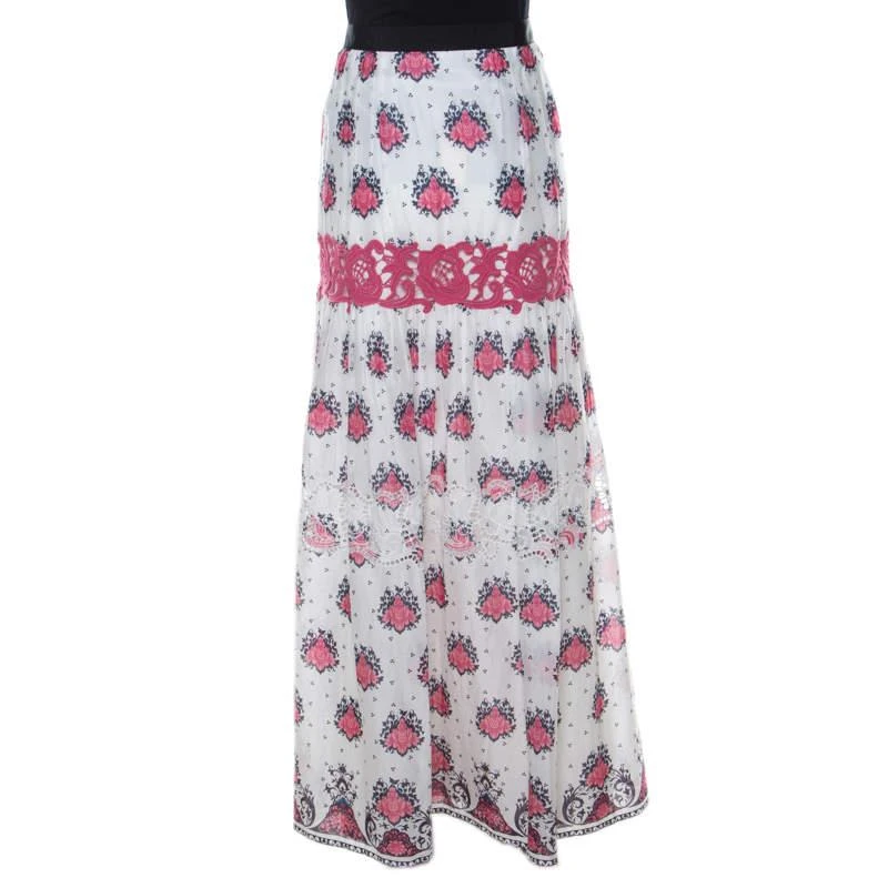 Philosophy di Alberta Ferretti Philosophy di Alberta Ferretti White & Pink Cotton Floral Print Lace Insert Maxi Skirt L 3