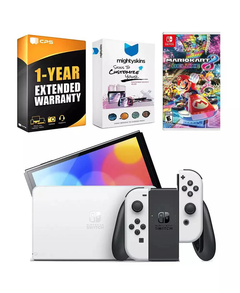 Nintendo Switch White OLED Console with Mario Kart 8 Deluxe, MightySkins Console and Controller Skin Voucher, and 1 Year CPS Extended Warranty