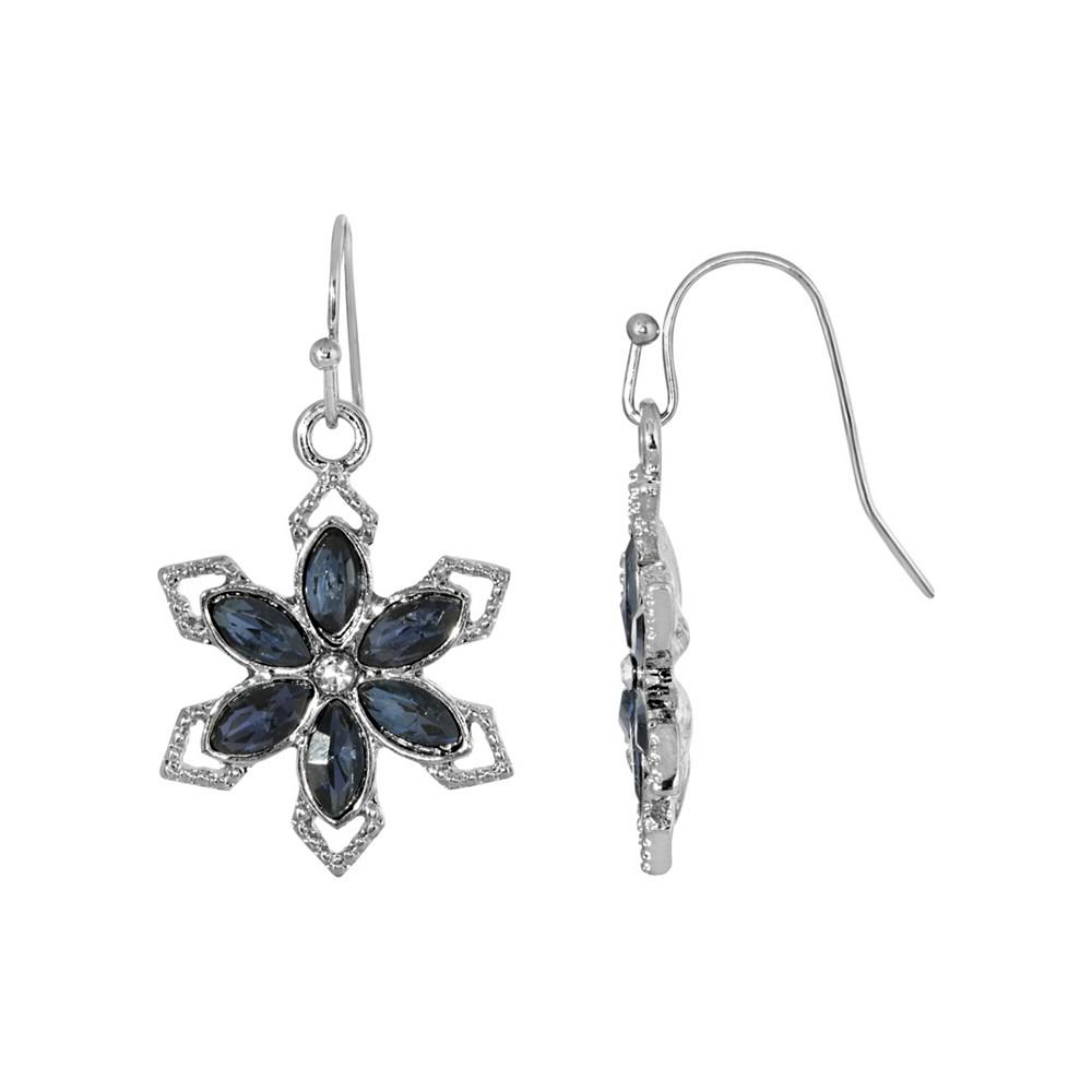 2028 Silver-Tone Sapphire Blue Color Stone with Crystal Flower Earring