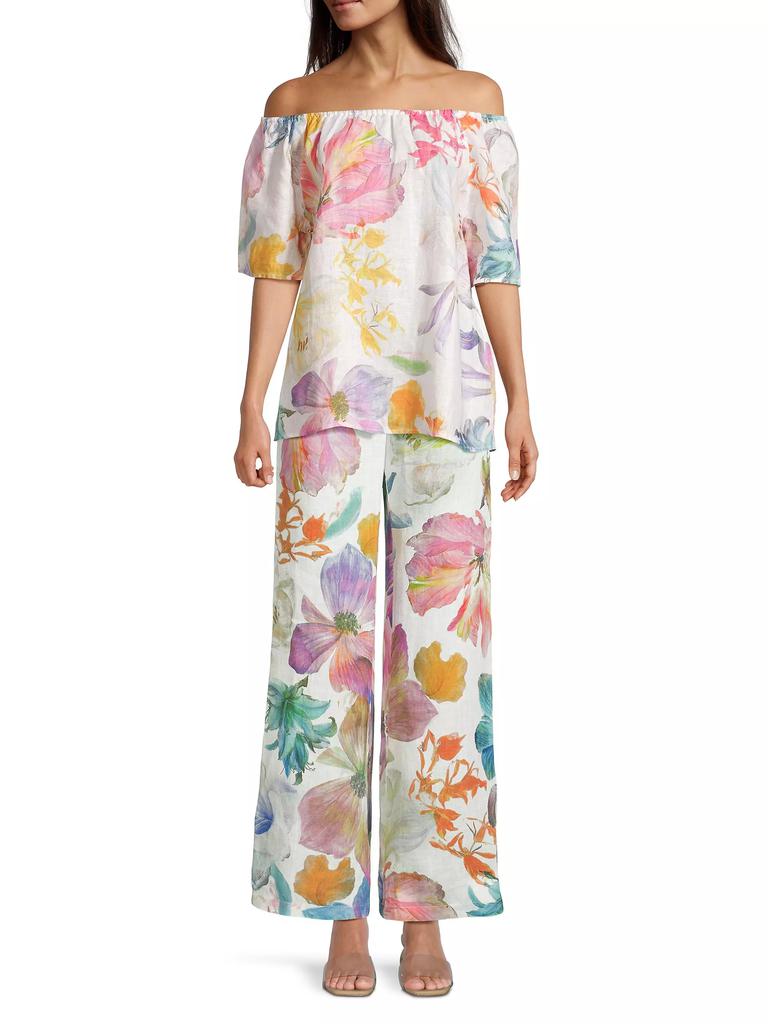 120% Lino ​Linen Floral Wide-Leg Pants