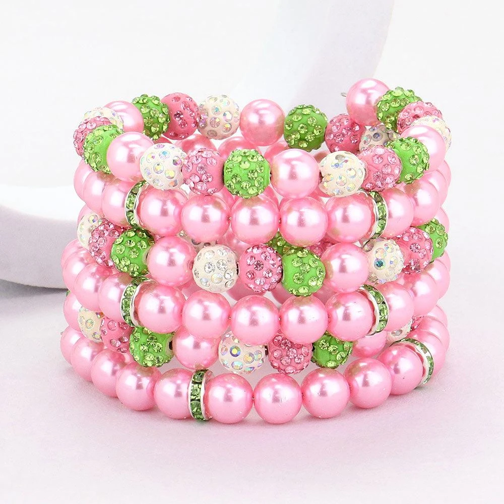 FASHNZFAB Pearl Shamballa Ball Beaded Adjustable Strand Bracelet Pink&Green
