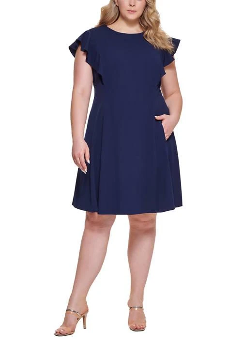 DKNY Jeans Plus Size Flutter Sleeve Solid Fit And Flare Dress 1