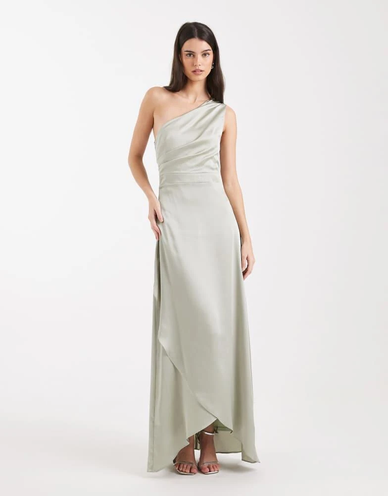 Shop TFNC Bridesmaid satin one shoulder wrap skirt maxi dress in sage green  on Sale at BeyondStyle  Get 50% Off TFNC Bridesmaid satin one shoulder  wrap skirt maxi dress in sage