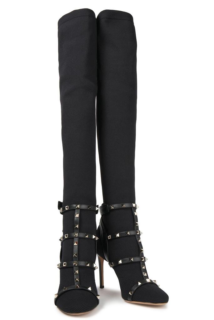 VALENTINO GARAVANI Rockstud leather-trimmed stretch-knit over-the-knee boots