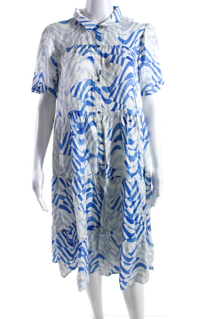 Designer Better Rich Womens Striped Button Down A Line Dress White Blue