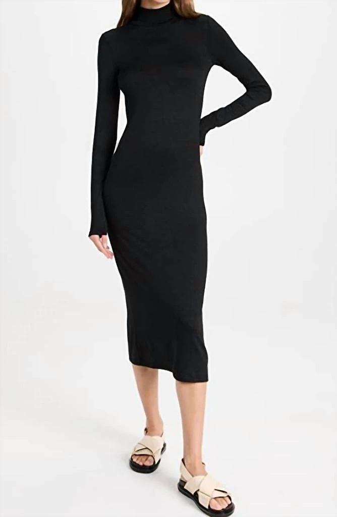 Women Black Rib Turtle Neck Front Slit Dress