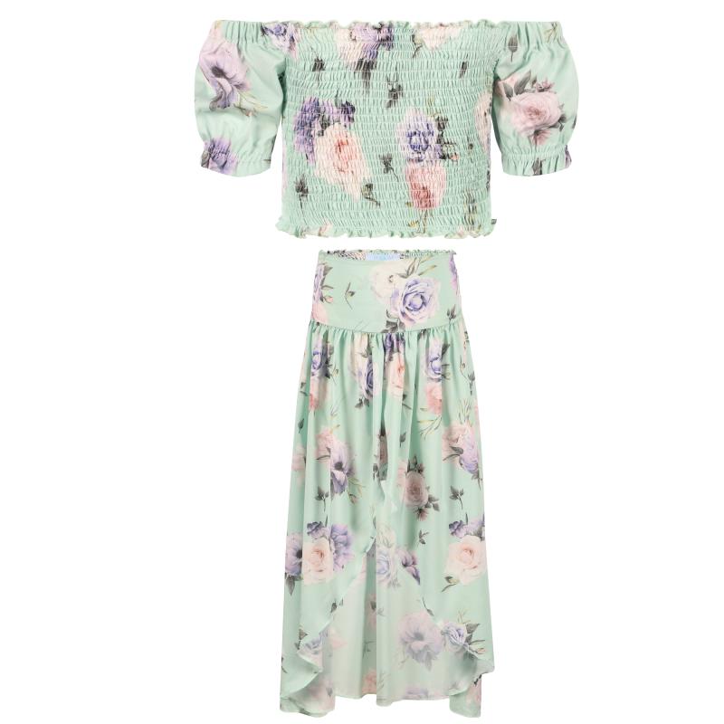 Dalai Kids Roses print roached cold shoulders top and long waterfall skirt set in green