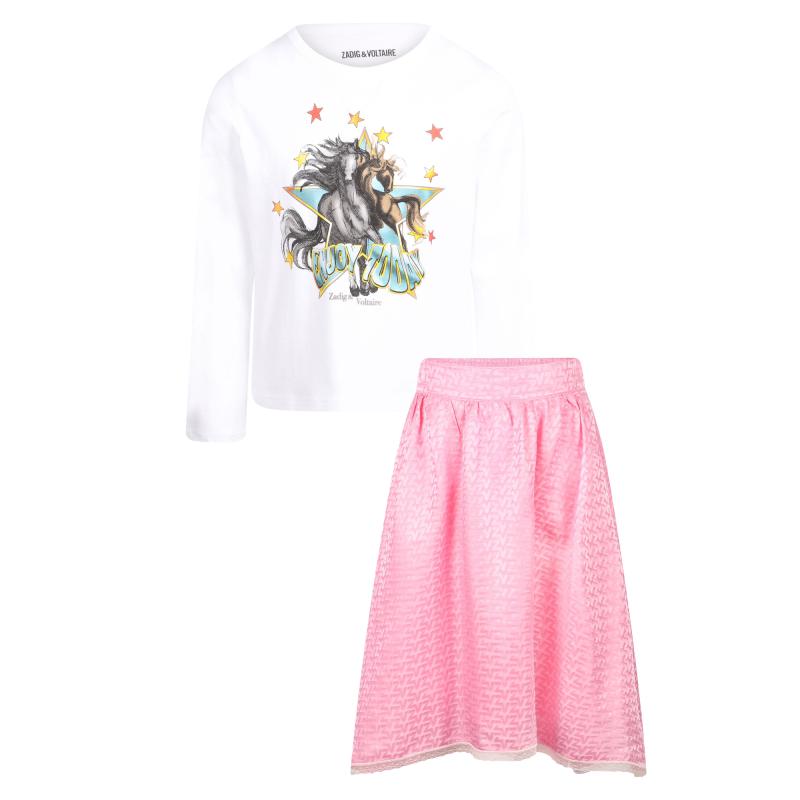 Zadig & Voltaire Kids Horses and stars long sleeved shirt and lace trim all over midi skirt set in white and pink