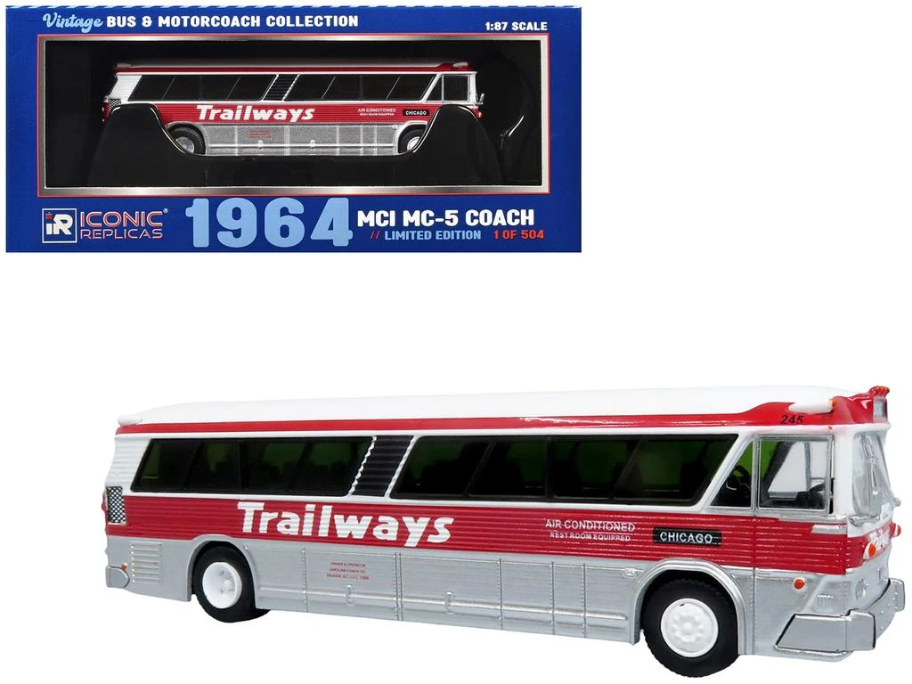 Iconic Replicas 1964 MCI MC-5A Coach Bus Trailways Chicago White Red Stripes 1/87 HO Vintage Bus Motorcoach Limited 504 pcs