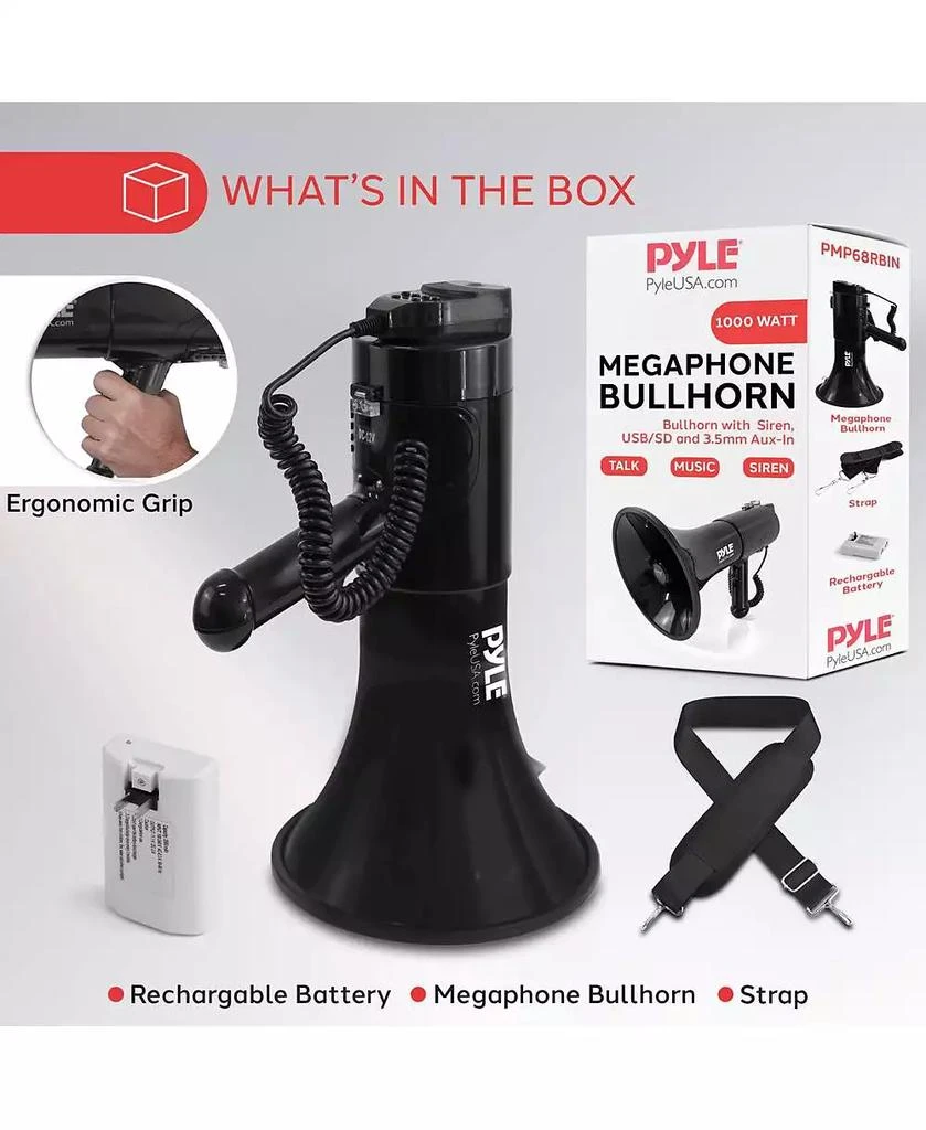 Pyle 100-Watt Hand-Grip Megaphone with Siren, MP3/Aux Input, Rechargeable Battery, Lightweight Black Bullhorn 7