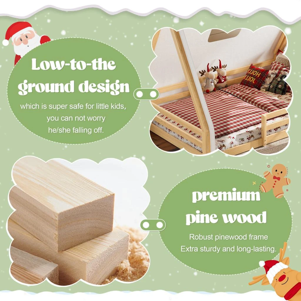 Streamdale Furniture Streamdale Full Size House Floor Bed with Tent and Light, Solid Wood Teepee Design 3