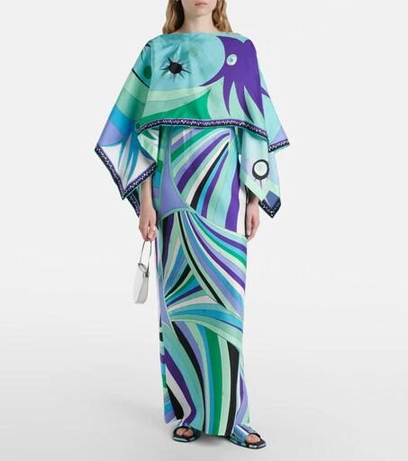 Pucci - Iride Print Long Dress With Cape - Size: 40 - Green & lilac - In Silk - Marmo Collection