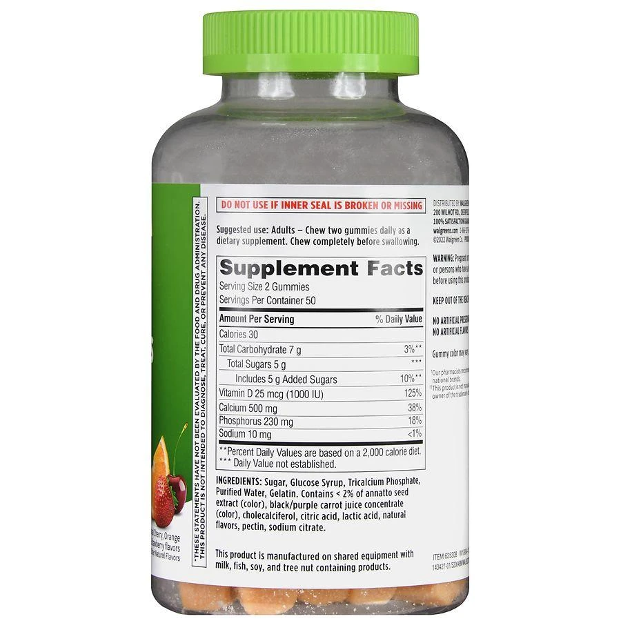 Walgreens Calcium 500 mg + Vitamin D 25 mcg (1000 IU) Gummies Natural Cherry, Orange & Strawberry 3