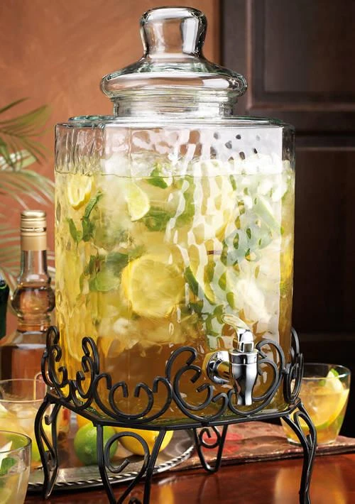 Home Essentials Essentials Beyond Hammered Glass Beverage Dispenser With Scroll Iron Stand 1
