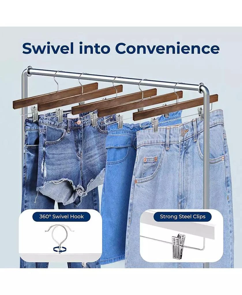 SereneLife 30 Pcs. Premium Wooden Pants Hangers - Heavy Duty Hanger Set with Chrome 360° Swivel Hook (Retro) 3