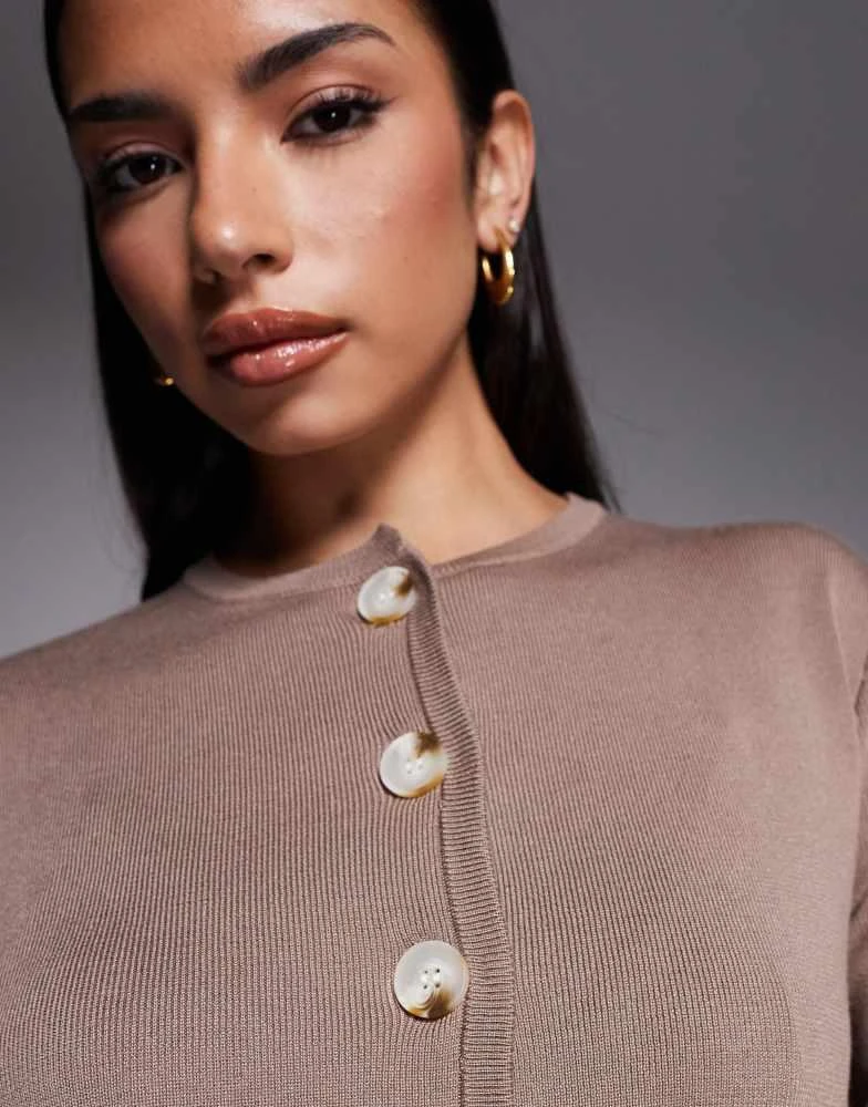 Kaiia Kaiia exclusive knitted button front pocket detail cardigan co-ord in taupe 3