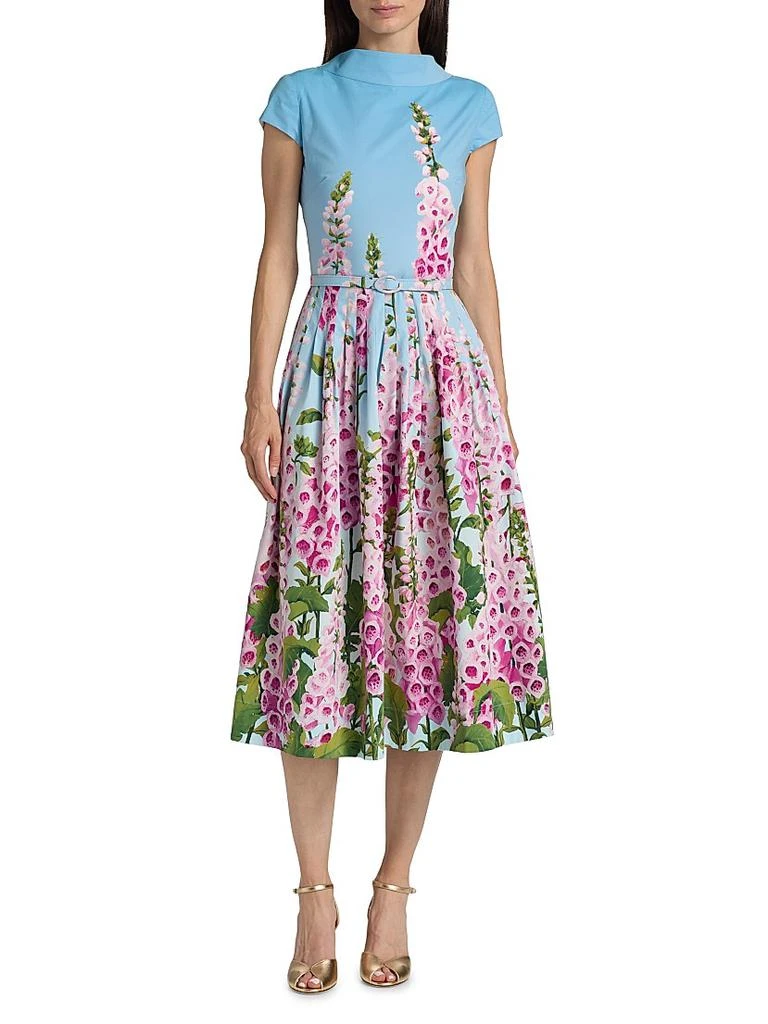 Oscar de la Renta Women's Foxglove-Print Cotton Poplin Midi-Dress - Lilac Sky - Size 4