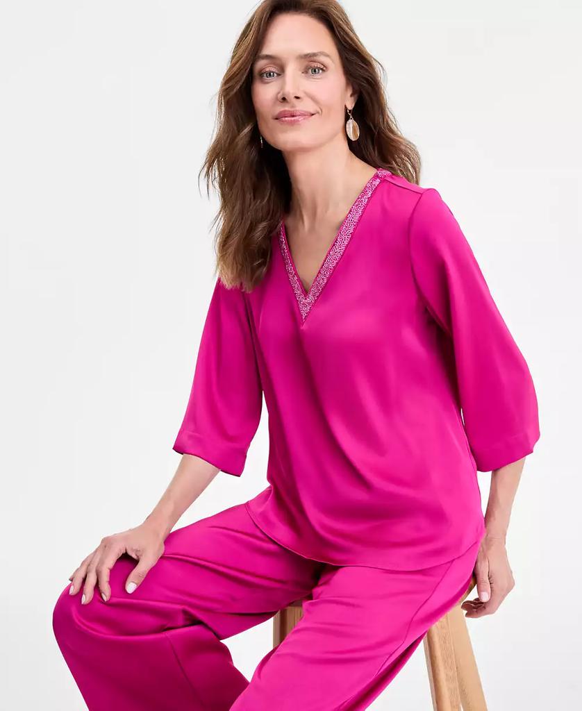 JM Collection Women's Beaded V-Neck 3/4-Sleeve Top, Exclusively at Macy's