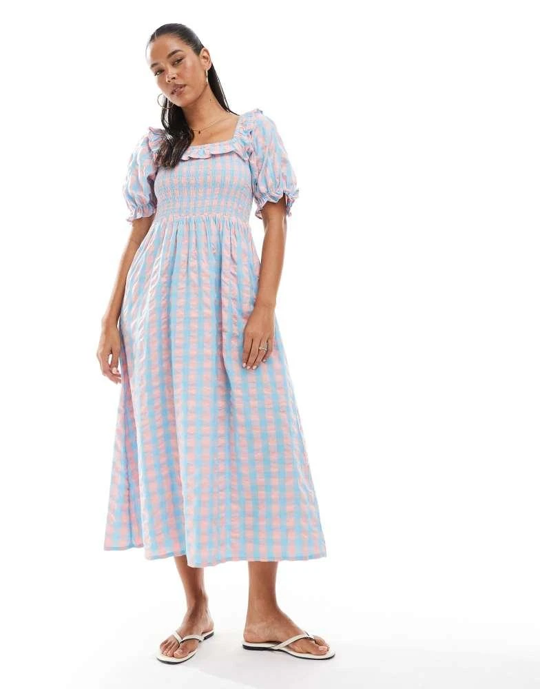 New Look New Look puff sleeve milkmaid dress in blue and pink gingham 3