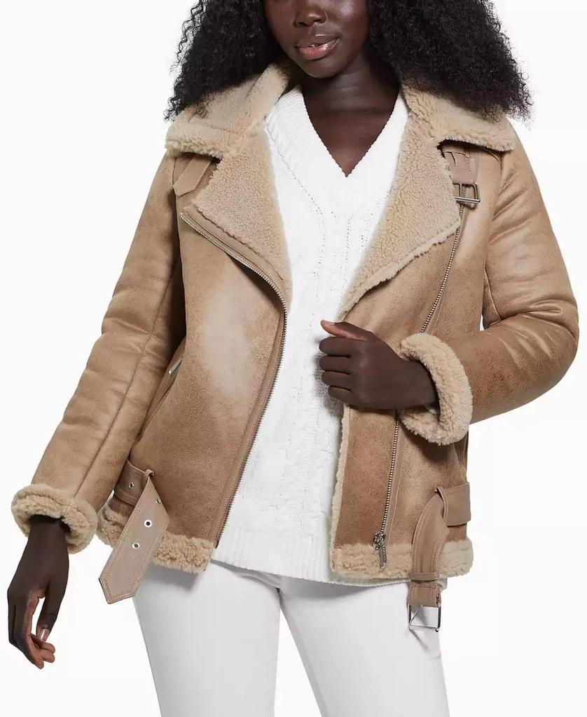 GUESS Women's Faux-Shearling Asymmetric Moto Coat 4