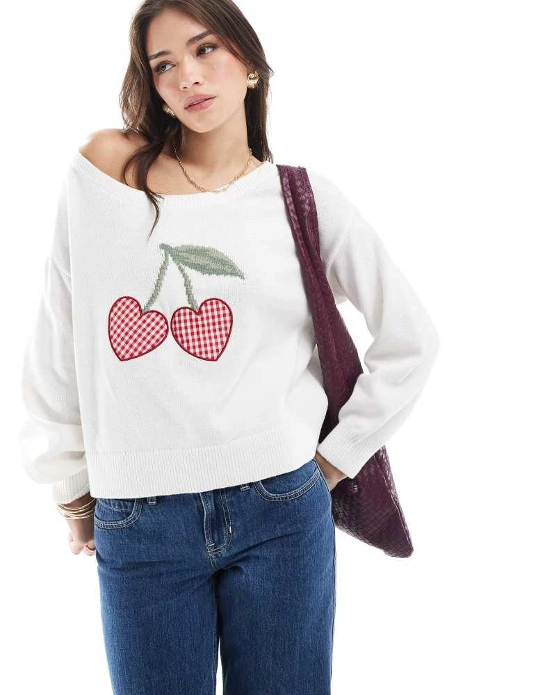 HOLLISTER Hollister off shoulder cherry motif jumper in white 1