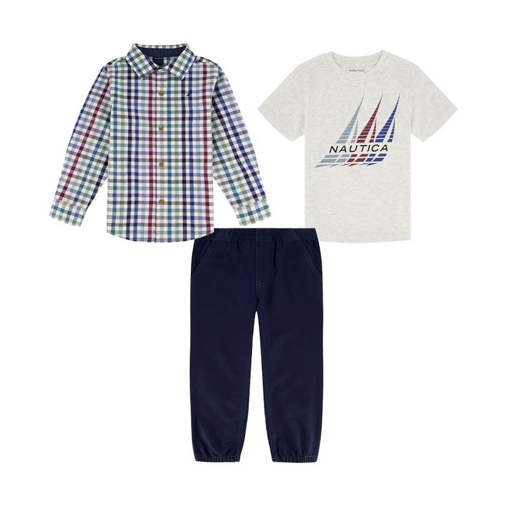 Nautica Baby Boys J-Class Logo T-shirt, Check Button-Front Shirt and Twill Joggers, 3 Piece Set