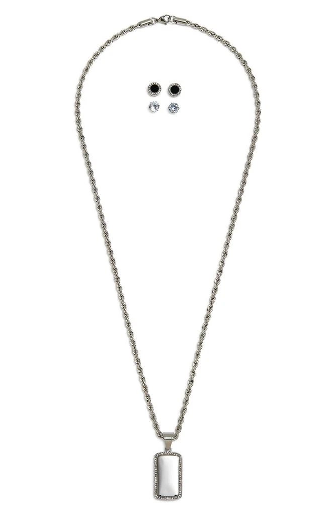 American Exchange Men's Crystal Stud Earrings & Dog Tag Pendant Necklace Set 1