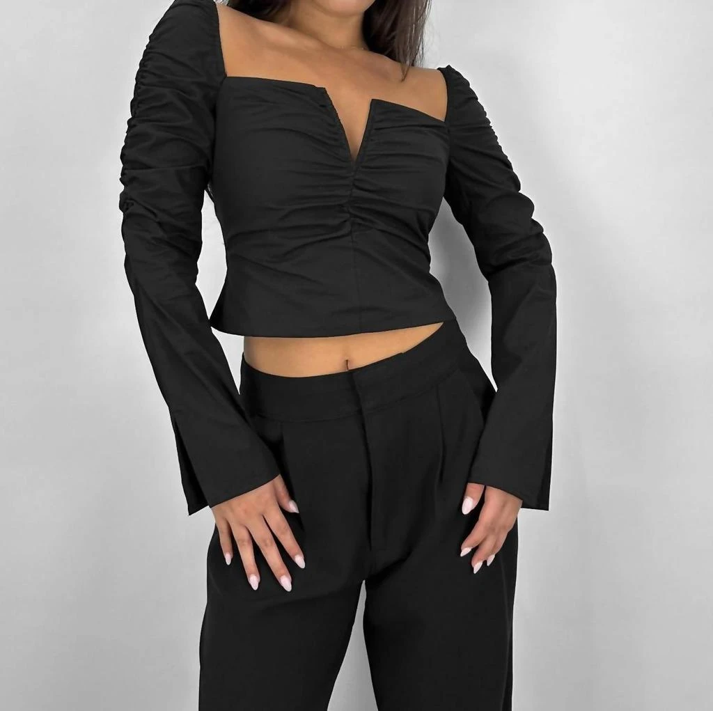 beige botany Beige Botany - Ruched Long Sleeve V Neck Top 1