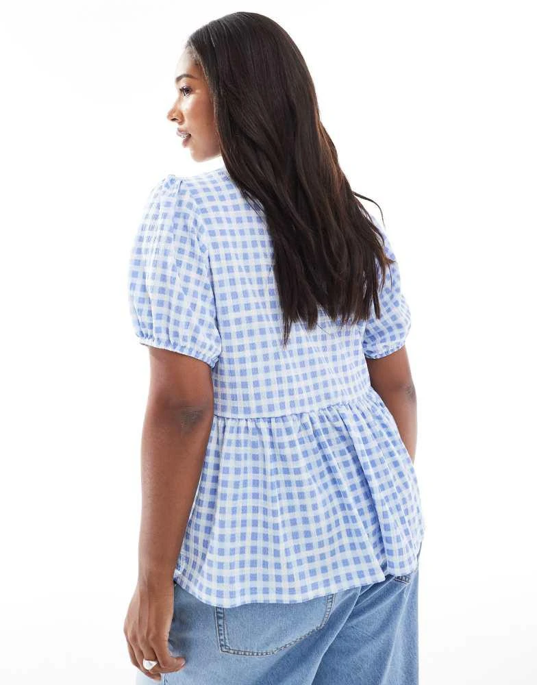 New Look Plus New Look Curve tie front peplum top in blue gingham 4