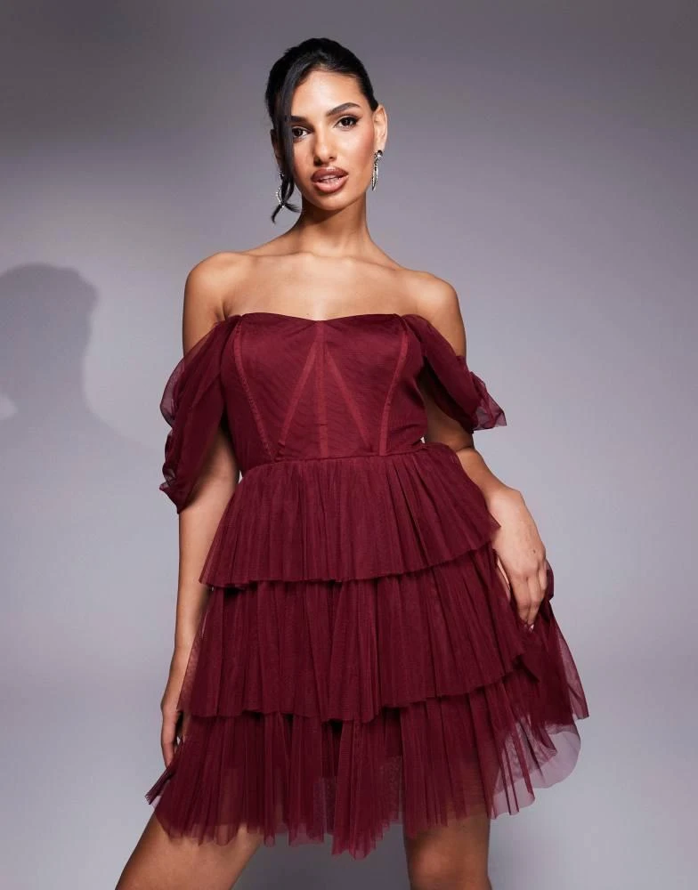 Lace & Beads off shoulder corset tulle mini dress in burgundy  On Sale Now  with Up to 50% Off | Discover Exclusive Deals & Savings at BeyondStyle   Authentic Lace &