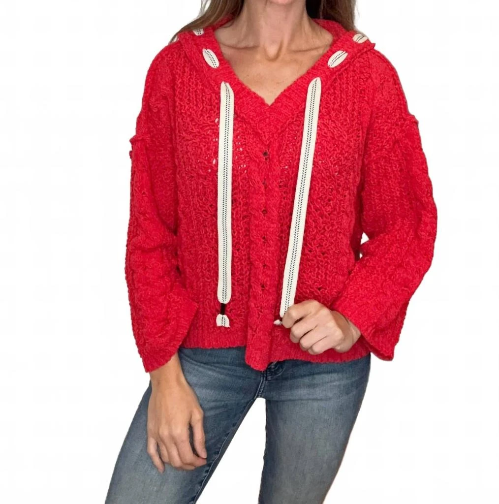 POL Crystal Chenille Hooded Sweater In Red