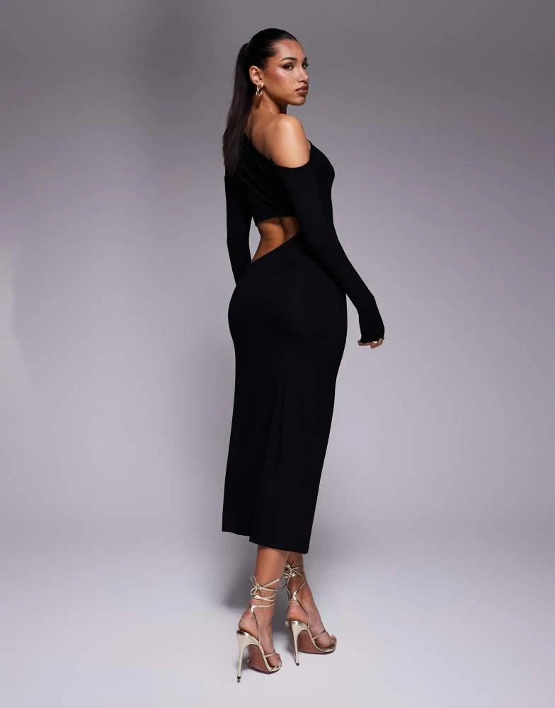 ASOS ASOS DESIGN fallen shoulder long sleeve ruched cut out midi dress in black 2