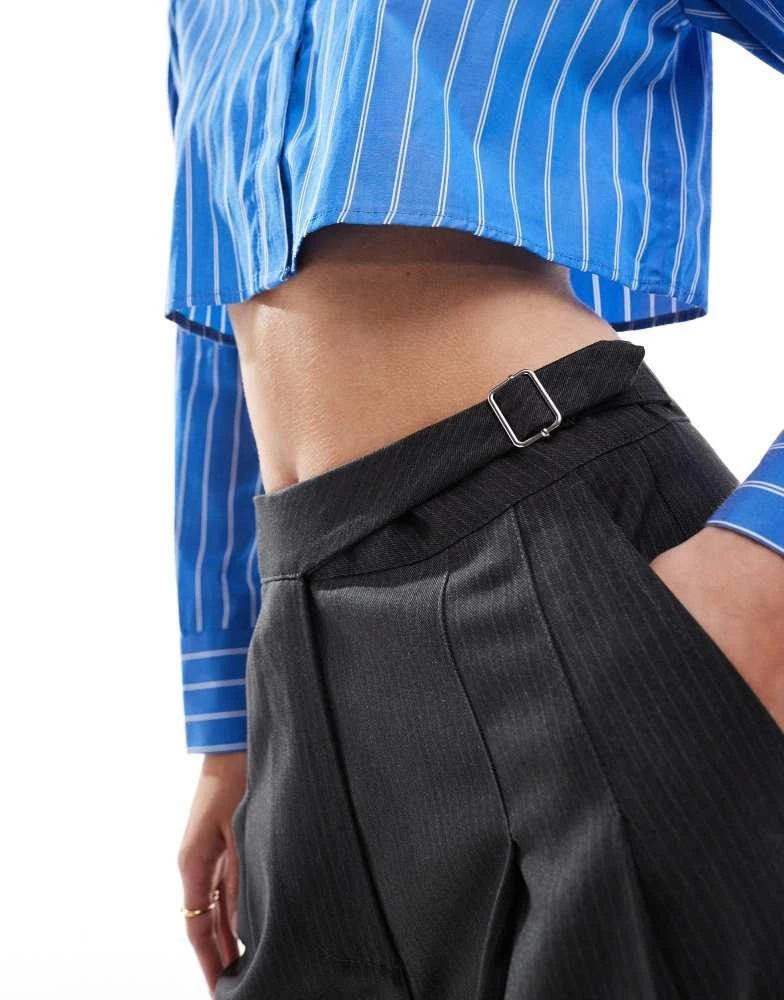 ASOS ASOS DESIGN Tall tailored wide leg trouser with asymmetric buckle detail in grey stripe 5