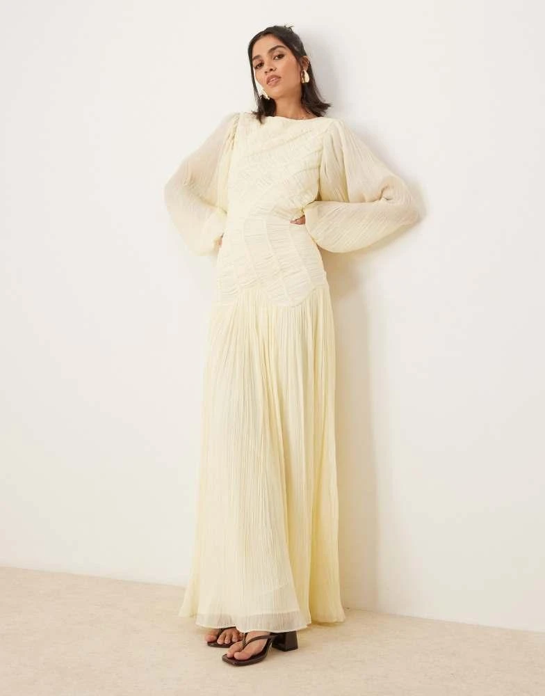 ASOS ASOS DESIGN long sleeve shirred crinkle maxi dress with dropped waist in lemon yellow 1