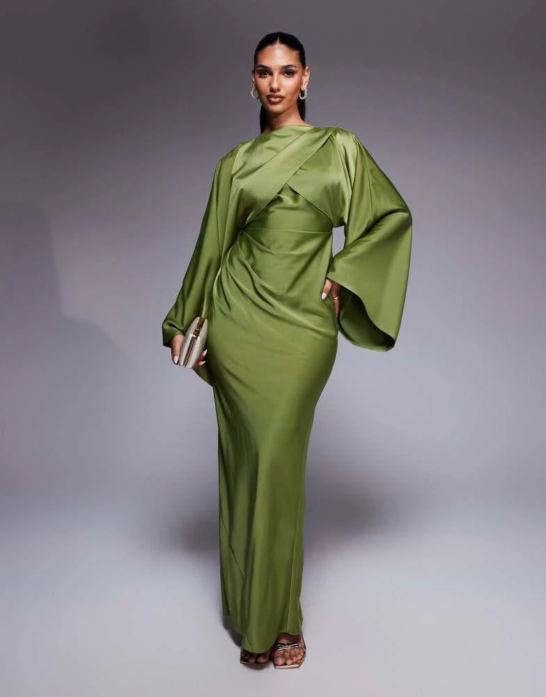 ASOS Design wrap front batwing ripple satin bias maxi dress in olive-Green